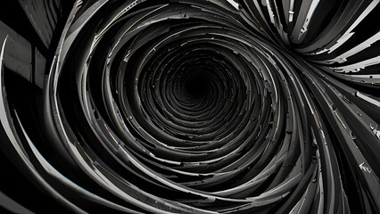 A textured background of warped and stretched lines in monochrome tones, creating a hypnotic, spiraling distortion effect, as though reality itself is being pulled into a vortex