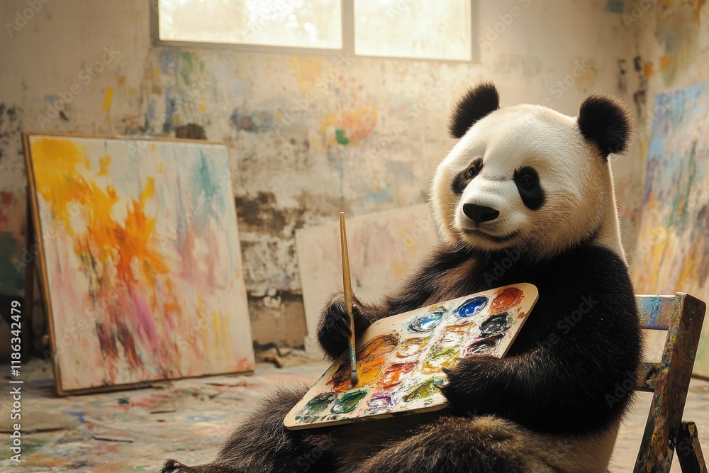 Aufkleber panda enjoys painting in a colorful artist studio while holding a paintbrush and palette. generative