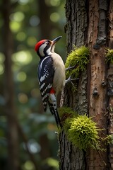 Beautiful woodpecker on a tree in the forest, close-up, bright colors, nature, wildlife, bird, forest landscape, macro photography, red-headed woodpecker, black and white plumage, summer, sunlight
