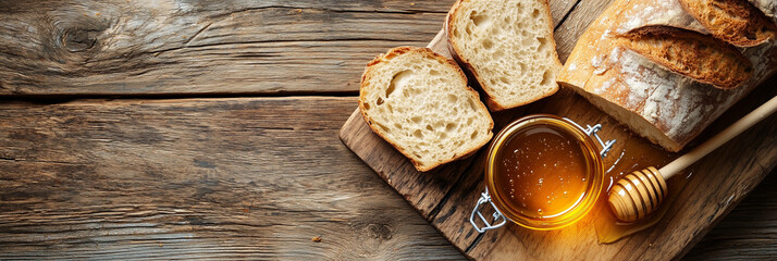Wood Background with Bread and Honey