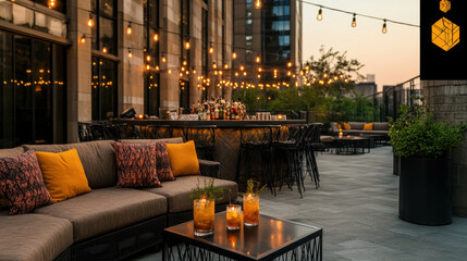Rooftop, A stylish image of an elegant rooftop bar featuring modern furniture and cocktails, perfect for promoting upscale nightlife experiences.