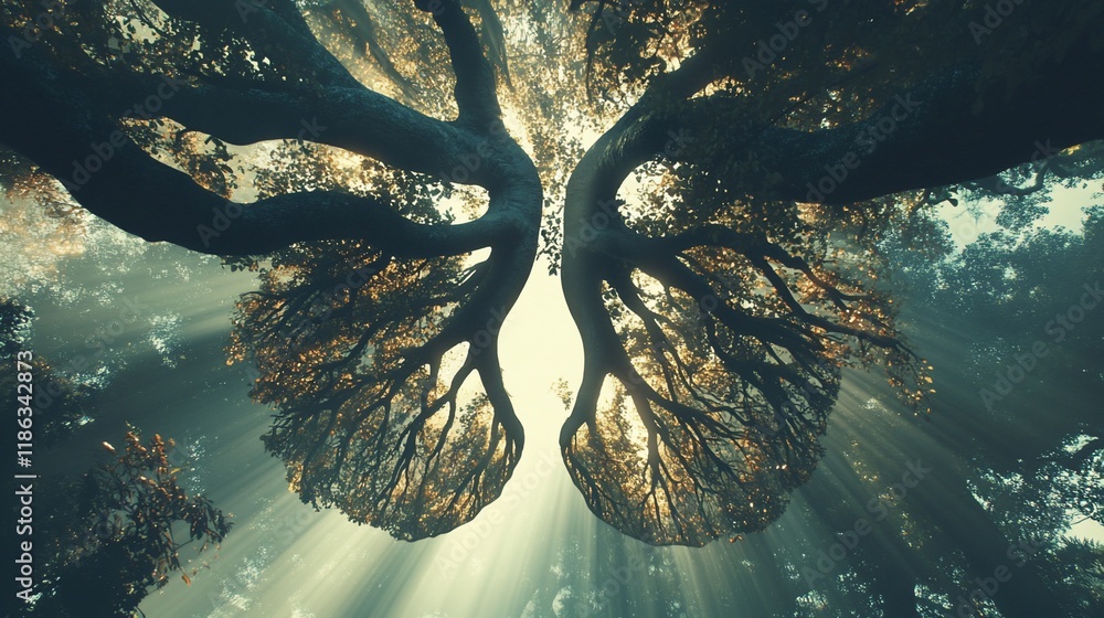 Poster a stunning view of intertwining tree branches illuminated by sunlight.