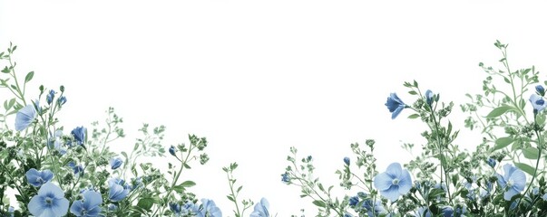 Obraz premium Floral border design featuring blue flowers and green foliage, perfect for invitations, greeting cards, and elegant backgrounds with a soft white backdrop