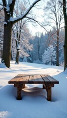 Wooden table in a snowy landscape with bare trees and icicles hanging, cold, natural
