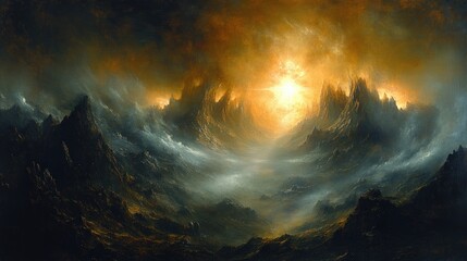 Naklejka premium Golden sun bursts through dark, misty mountains.