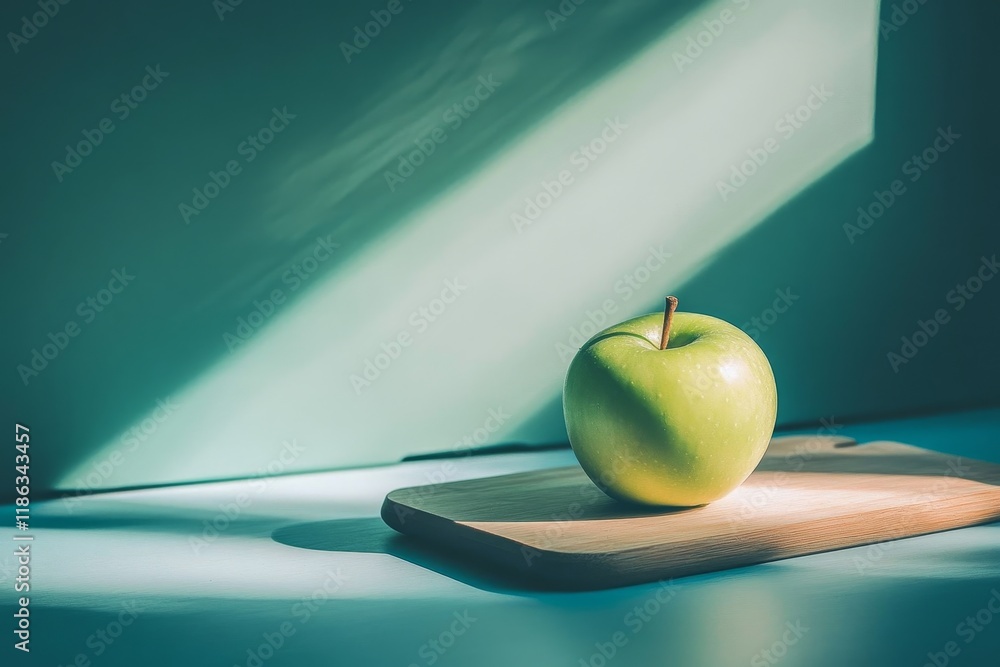 Poster fresh and vibrant green apple on a wooden cutting board with soft shadows and natural light in a min