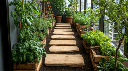 Rooftop, A small rooftop garden brimming with aromatic herbs, ideal for culinary use, relaxation, and enhancing urban living aesthetics.
