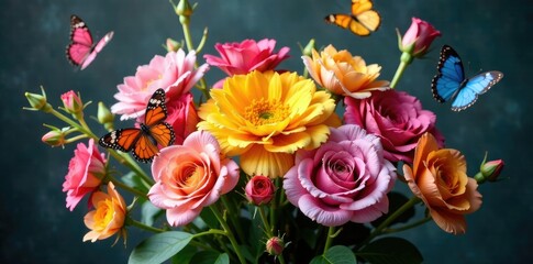 A bouquet of colorful flowers with butterflies surrounding it, floral arrangement, arrangement, flowers