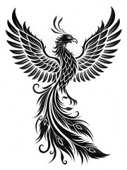Obraz premium Majestic Phoenix Rising: A Vertical Black-and-White Tattoo Design Showcasing Grace and Power Against a Clean White Canvas, Embodying Rebirth and Eternal Strength.