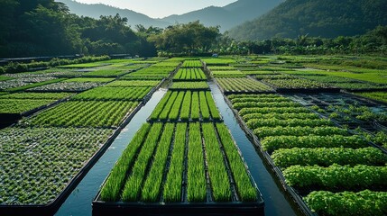 Lush green rice paddy seedlings in floating trays.