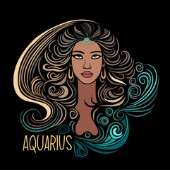 Aquarius Zodiac sign beautiful girl hand drawn vector colorful illustration on black background. Astrological contemporary symbol with magic female character. Modern design wall art, t-shirt, tattoo