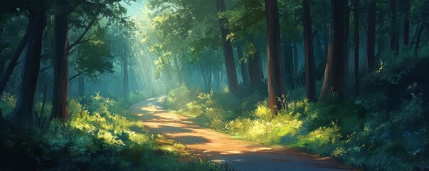 Obraz premium Forest pathway, nature, scenic view, tall trees, tranquility, serene atmosphere, sunlight filtering through, green foliage, winding road, peaceful environment, outdoor adventure