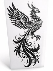 Obraz premium Majestic Phoenix Rising: A Vertical Black-and-White Tattoo Design Showcasing Grace and Power Against a Clean White Canvas, Embodying Rebirth and Eternal Strength.
