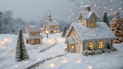 Fototapeta premium A cozy Christmas village scene at night, with snow-covered houses and twinkling lights creating a festive atmosphere. Miniature Christmas trees add to the winter charm.