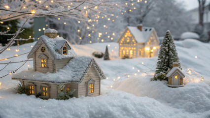 A winter village model features small white houses with lights on a snowy tabletop setting, exuding a magical and serene atmosphere reminiscent of a snow-covered town.