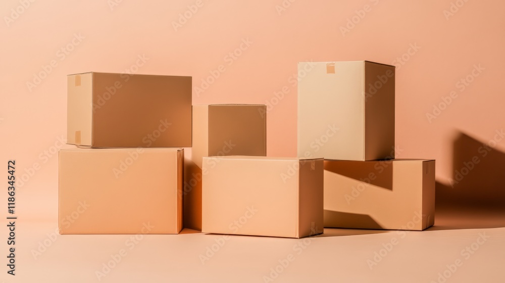 Poster Several cardboard boxes of varying sizes are precariously balanced on top of one another, creating a levitating still life against a minimalist backdrop