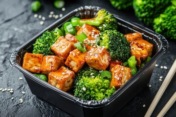 Fototapeta premium Delicious tofu and vegetable stir-fry takeout container urban setting culinary delight vibrant colors close-up view healthy eating concept