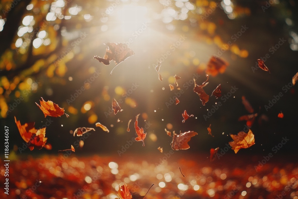 Poster autumn leaves gracefully fall in a serene forest as sunlight filters through the trees creating a tr
