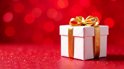 Obraz premium white gift box with gold bow on a bright red background bokeh, banner, space for text, copy space