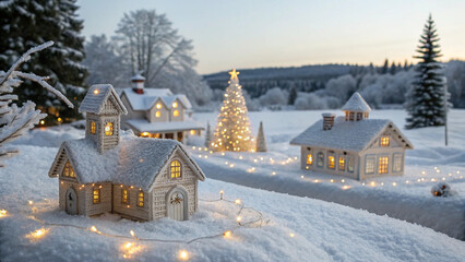 Fototapeta premium A Christmas village with snow-covered houses, twinkling lights, and cozy ambiance in a serene winter setting, evoking a magical holiday spirit.
