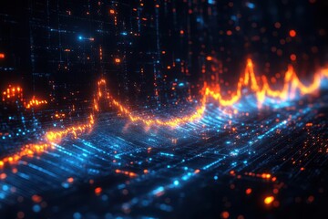 Fototapeta premium dynamic blue financial data visualization with upward trending arrows and glowing market statistics on dark professional background