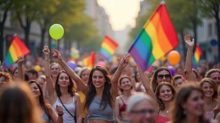 Vibrant Street Parade with Rainbow Flags and Balloons