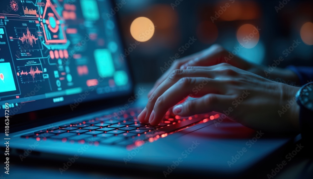 Leinwandbilder person working on laptop at night. person typing on keyboard with glowing red lights. modern digital
