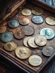 Display of antique coins on vintage wooden surface showcasing historical value and craftsmanship. Generative AI