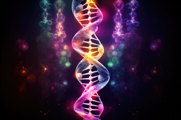 generated illustration of DNA. abstract 3d polygonal wireframe DNA molecule helix spiral on purple.