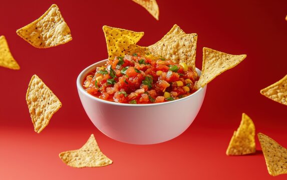 A bowl of spicy salsa surrounded by tortilla chips mid-air on a bright red background
