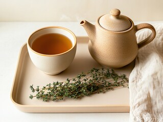 Steaming Cup of Herbal Tea on Beige Tray with Natural Elements