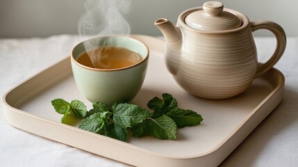 Steaming Cup of Herbal Tea on Beige Tray with Natural Elements