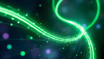 3d render. Abstract fantastic background. Green neon loop. Glowing particles streaming jet curvy trajectory, close-up, with white tones