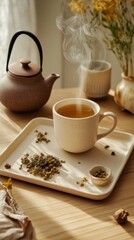 Steaming Cup of Herbal Tea on Beige Tray with Natural Elements
