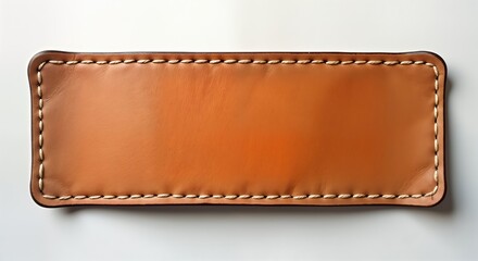 Closeup view of tan leather label. Stitching details in cream color. Blank label on garment accessory. High quality leather material. Fashion design element. Classic style. Durable construction.