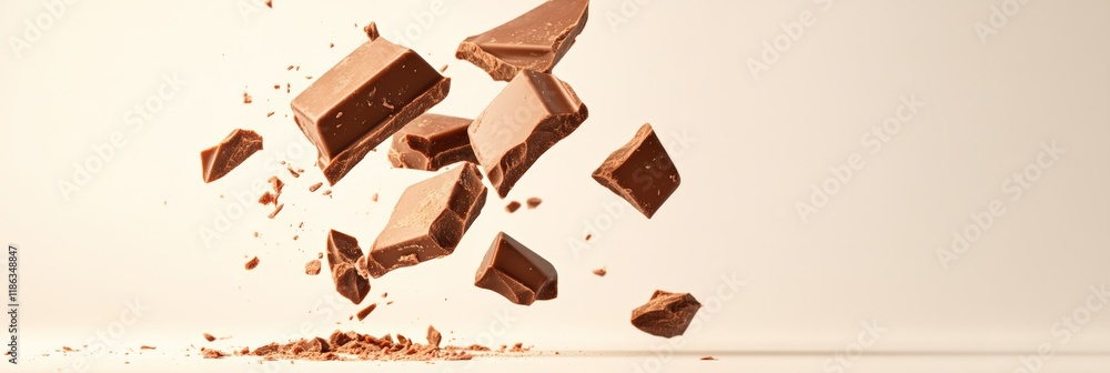 Aufkleber crumbling milk chocolate chunks burst into the air against a soft beige background, creating a capti