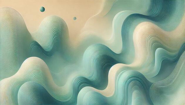 A tranquil abstract background with soft, fluid waves in cool teal and soft beige tones. Smooth gradients and organic shapes create a relaxing visual. AI generated.