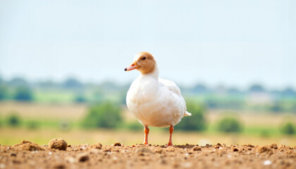 Elegant white duck standing on dirt hill under blue sky, nature's beauty