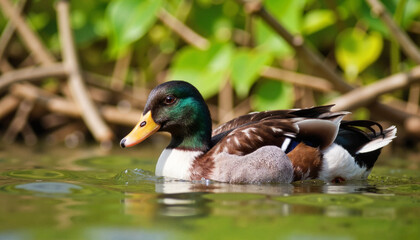Obraz premium Mallard duck swimming in lush green waterway, vibrant nature scene