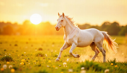 Fototapeta premium Albino horse running freely in a meadow at sunrise, wild beauty