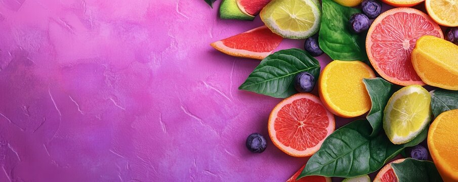 Fruits and leaves arranged on a purple background, showcasing vibrant colors and healthy ingredients that promote wellness and vitality Perfect for health related content