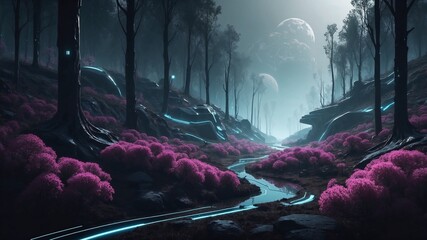 Futuristic night forest landscape with violet flowers. Spooky, horrible, cyber element