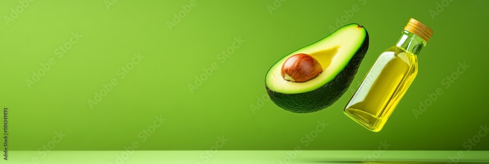 Poster half an avocado with its seed and a glass bottle of avocado oil are levitating on a vibrant green ba