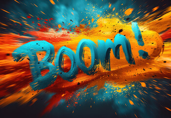 Colorful comic style explosion with the word boom in bright orange and blue background