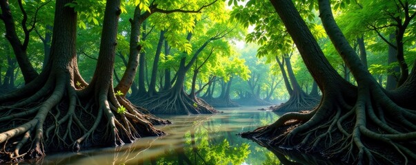 Naklejka premium Dense mangrove forest with twisted trunks and tangled roots, greenspace, foliage, branches