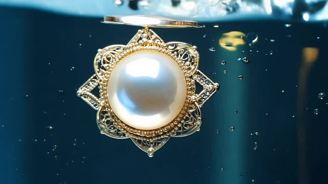 Slow motion video, venetian lighting, a pearl brooch floats in a liquid environment, gently pulsating, light creates a dramatic interplay on the pearl's surface