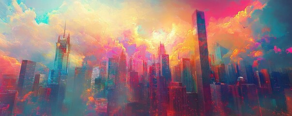Fototapeta premium futuristic city, clouds, digital art, vibrant colors, technology, utopia, skyline, fantasy, skyscrapers, bright atmosphere, surreal landscape, modern architecture
