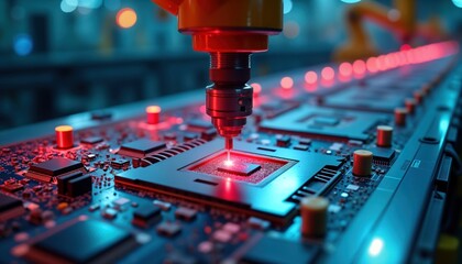 Automated robotic arm precisely places computer chip on circuit board. Modern tech production line in factory. High-tech machinery performs chip assembly. Electronic components placed on motherboard.