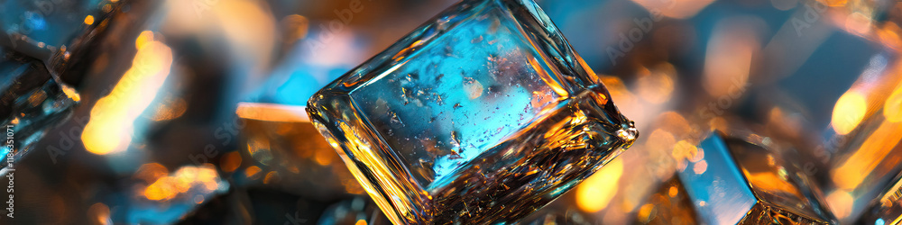 Poster translucent cubes with teal and amber gradient against bokeh background