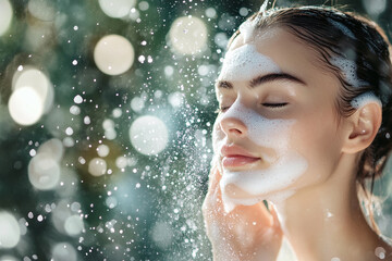 Refreshing skincare routine with foamy cleanser in a serene outdoor setting on a sunny day